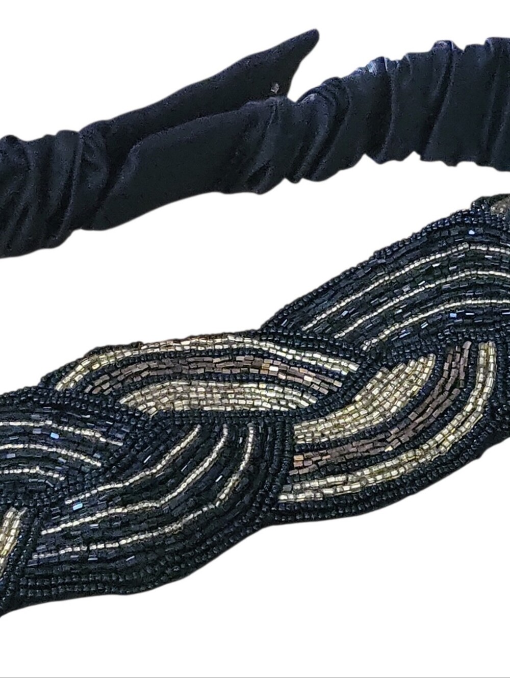 Vintage 90's Y2K Magid Black Satin Gold & Copper Beaded Statement Stretch Belt L - Picture 2 of 6